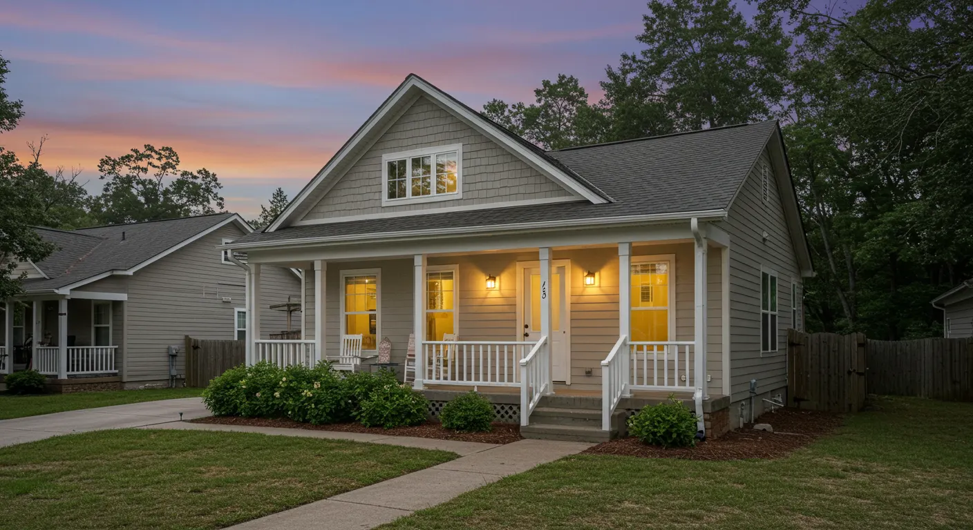 A charming senior-friendly cottage with a front porch, surrounded by landscaped greenery and a peaceful neighborhood setting. The image conveys comfort, independence, and a sense of community.