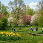 A scenic park with lush greenery and blooming flowers, featuring people walking, picnicking, and enjoying the fresh air under a bright spring sky. The image captures the essence of experiencing spring through nature and community activities.