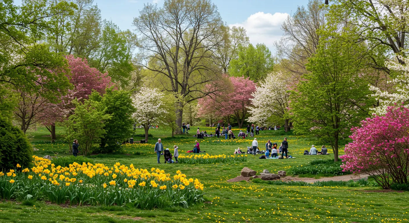 A scenic park with lush greenery and blooming flowers, featuring people walking, picnicking, and enjoying the fresh air under a bright spring sky. The image captures the essence of experiencing spring through nature and community activities.