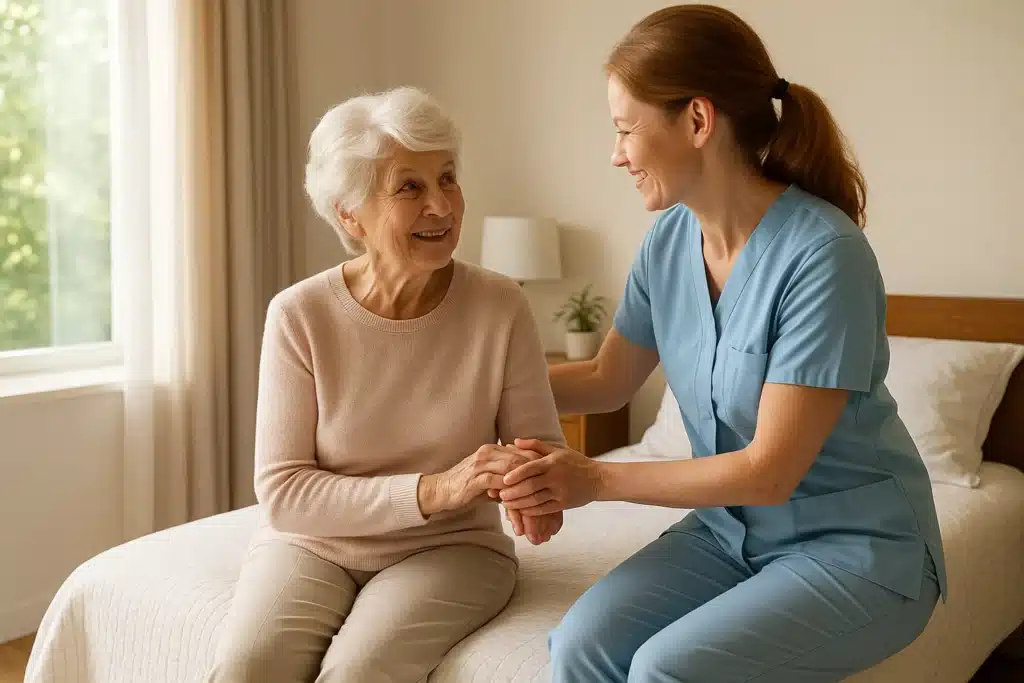 A warm, inviting senior living space where a caregiver gently assists a senior woman with a smile. The room is cozy and bright, symbolizing comfort, dignity, and personalized support in assisted living.