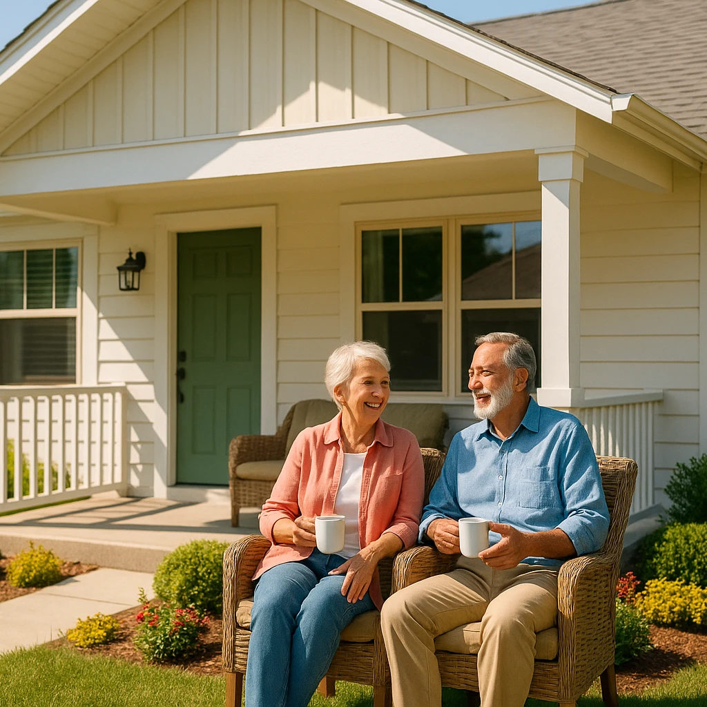 A cheerful senior couple enjoying coffee outside their bright, modern cottage in a well-kept senior community, smiling and relaxed in the morning sunlight.