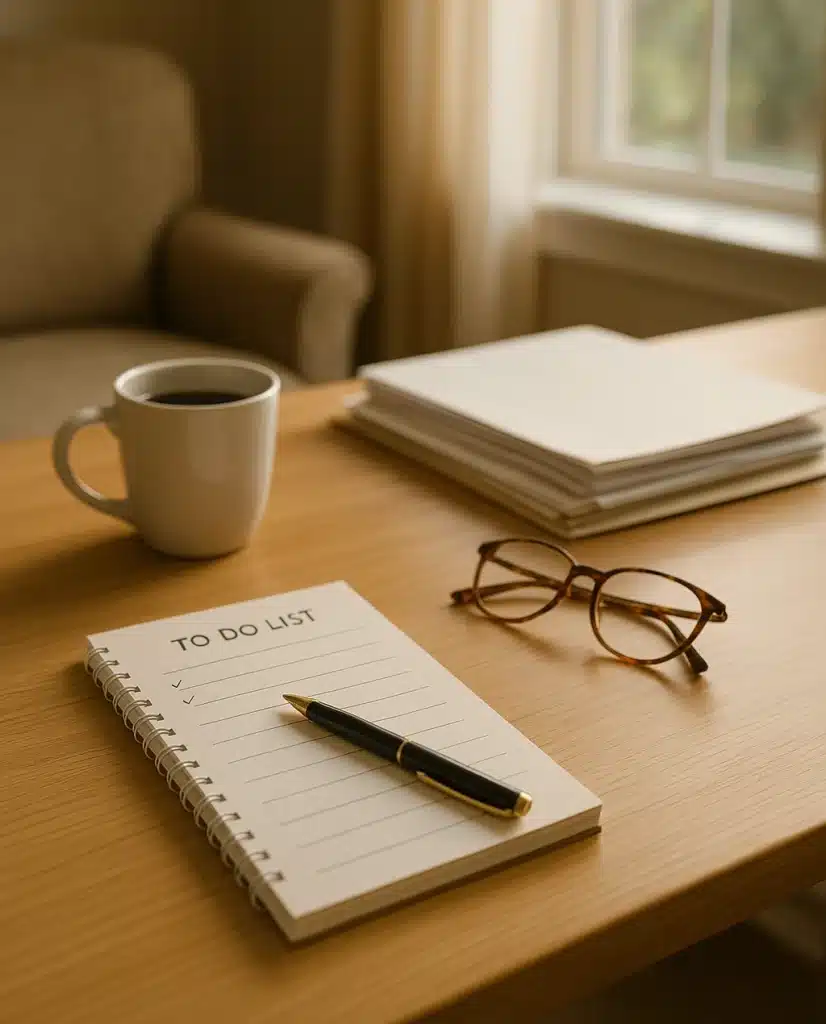 A cozy home workspace with neatly stacked papers, a coffee mug, and a to-do list on the table. Soft morning light filters through the window, symbolizing calm, clarity, and simple daily organization.