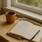 A thoughtful senior woman sits near a window, sipping tea and journaling quietly, bathed in warm light. The scene conveys reflection, peace, and the gentle care of mental health.